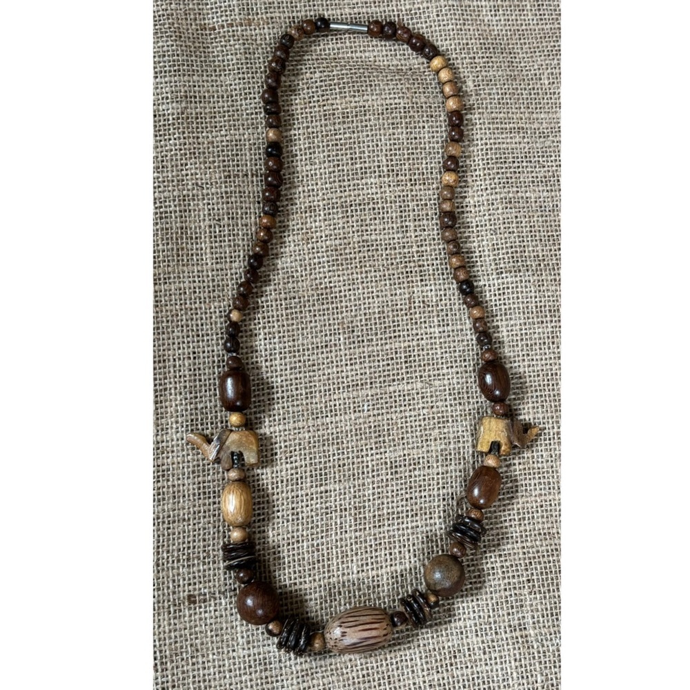 Wood Bead Necklace Elephant Beads Boho Hippie Peasant African Safari Fun